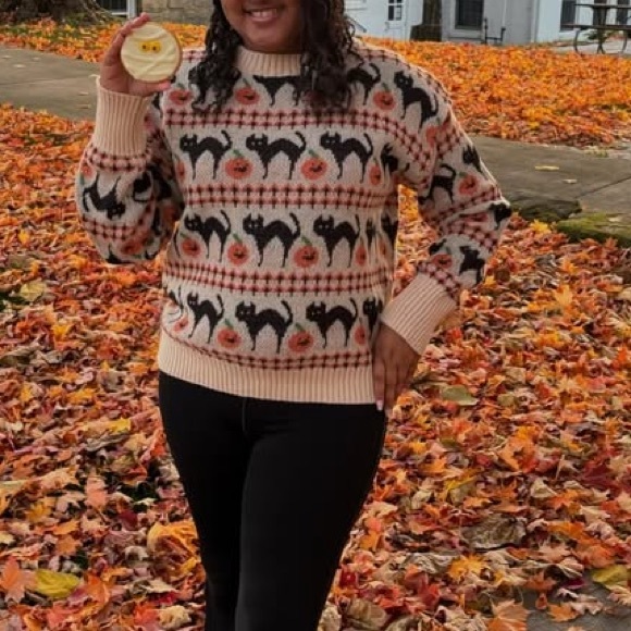New Pumpkin Black Cat Halloween Sweater Orange Cream Long Sleeve Crew - Picture 13 of 15